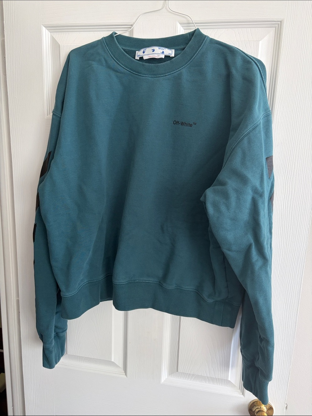 Off-White Teal Crewneck Sweatshirt with Black Sleeve Arrows